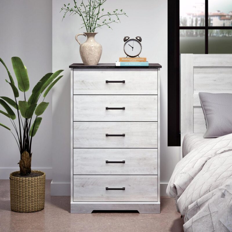 Prepac Rustic Ridge Farmhouse Washed White 5-Drawer Chest of Drawers 18.5 D x 27.5 W x 43.5 H - Image 4