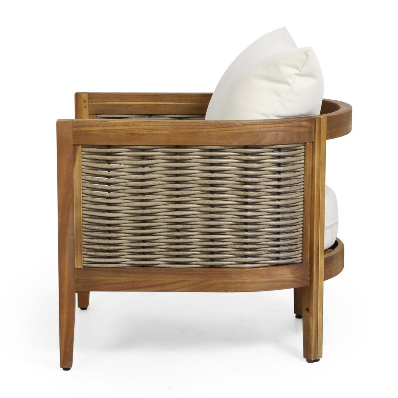 Rattler Acacia Wood and Wicker Outdoor Club Chair with Cushions, Teak, Mixed Brown, and Beige - Image 7