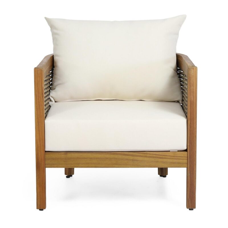 Rattler Acacia Wood and Wicker Outdoor Club Chair with Cushions, Teak, Mixed Brown, and Beige - Image 8
