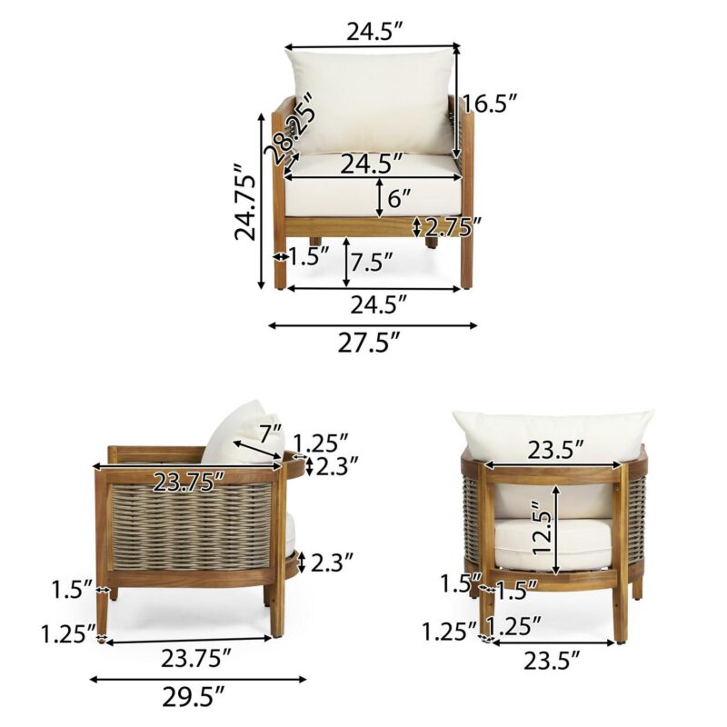 Rattler Acacia Wood and Wicker Outdoor Club Chair with Cushions, Teak, Mixed Brown, and Beige - Image 3