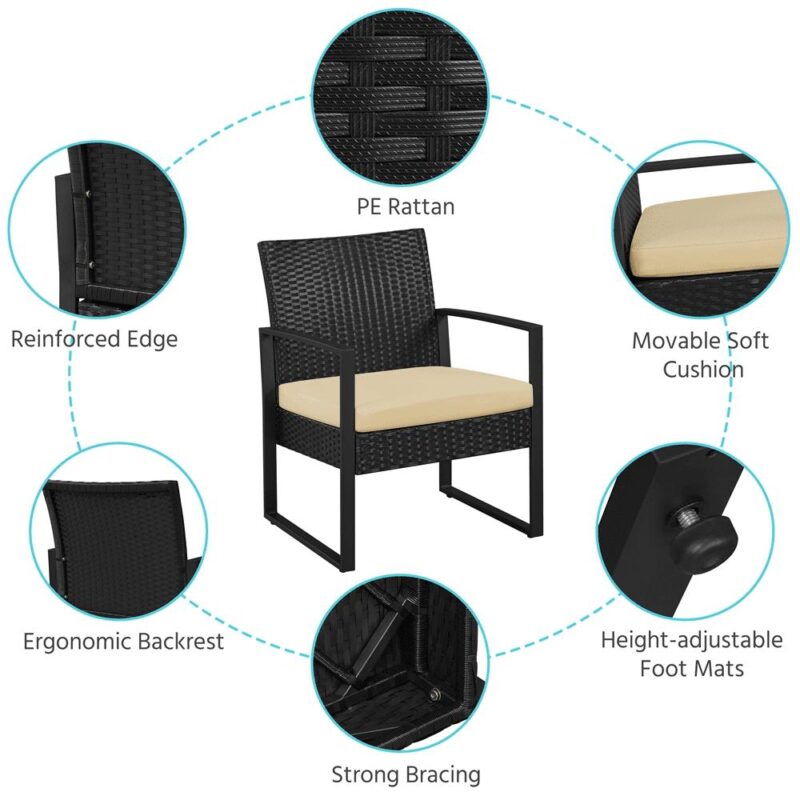 Renwick 3-Piece Patio Set Rattan Chairs and Table for Outdoor, Black/Khaki - Image 6