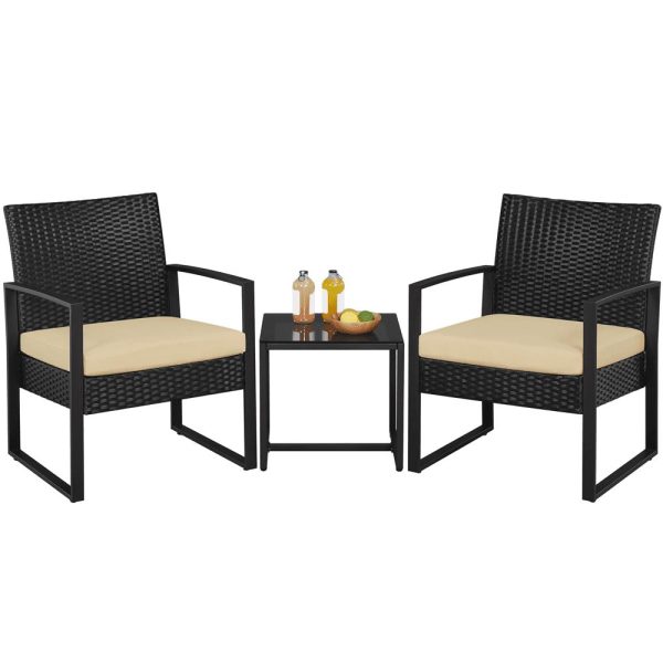 Renwick 3-Piece Patio Set Rattan Chairs and Table for Outdoor, Black/Khaki