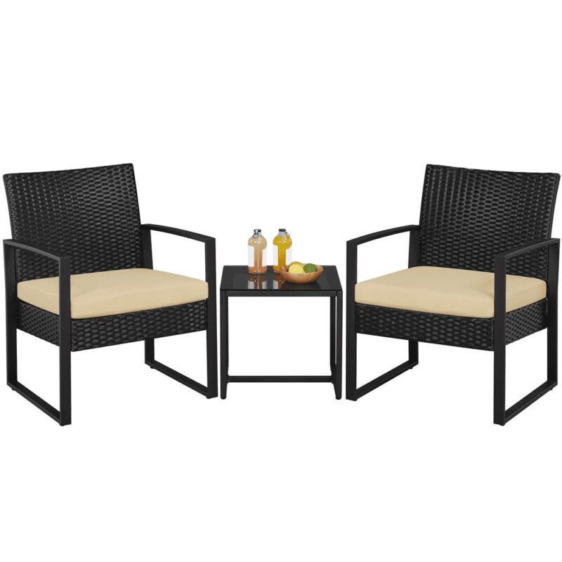 Renwick 3-Piece Patio Set Rattan Chairs and Table for Outdoor, Black/Khaki