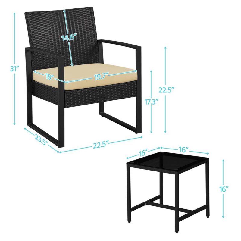 Renwick 3-Piece Patio Set Rattan Chairs and Table for Outdoor, Black/Khaki - Image 4