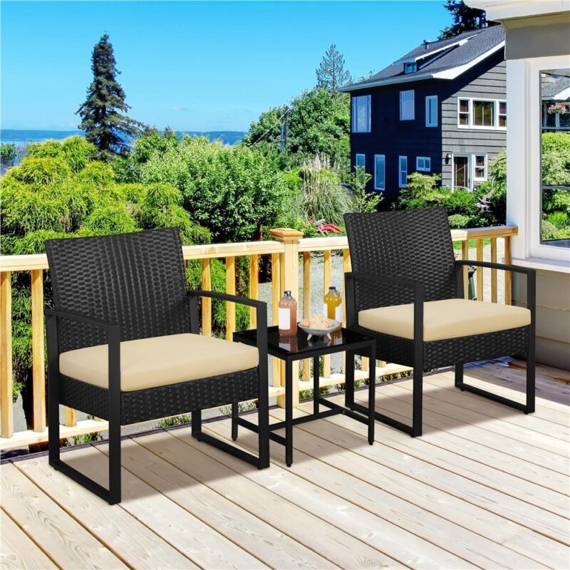 Renwick 3-Piece Patio Set Rattan Chairs and Table for Outdoor, Black/Khaki - Image 3