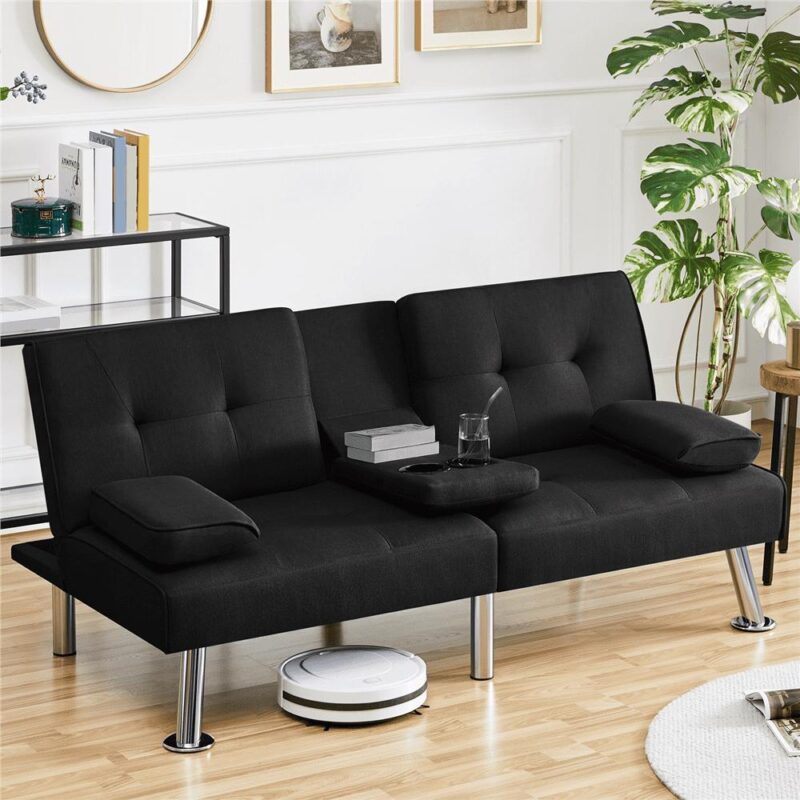 Renwick Fabric Upholstered Convertible Futon Sofa Bed with Cup Holders and Pillows, Black - Image 10