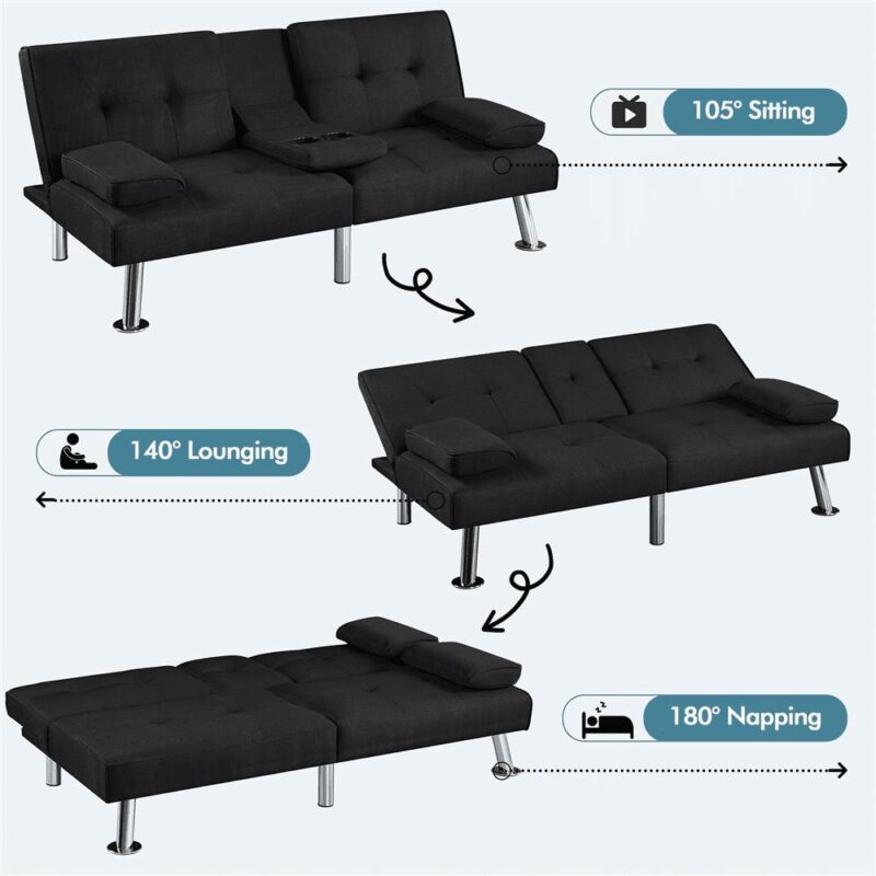 Renwick Fabric Upholstered Convertible Futon Sofa Bed with Cup Holders and Pillows, Black - Image 7