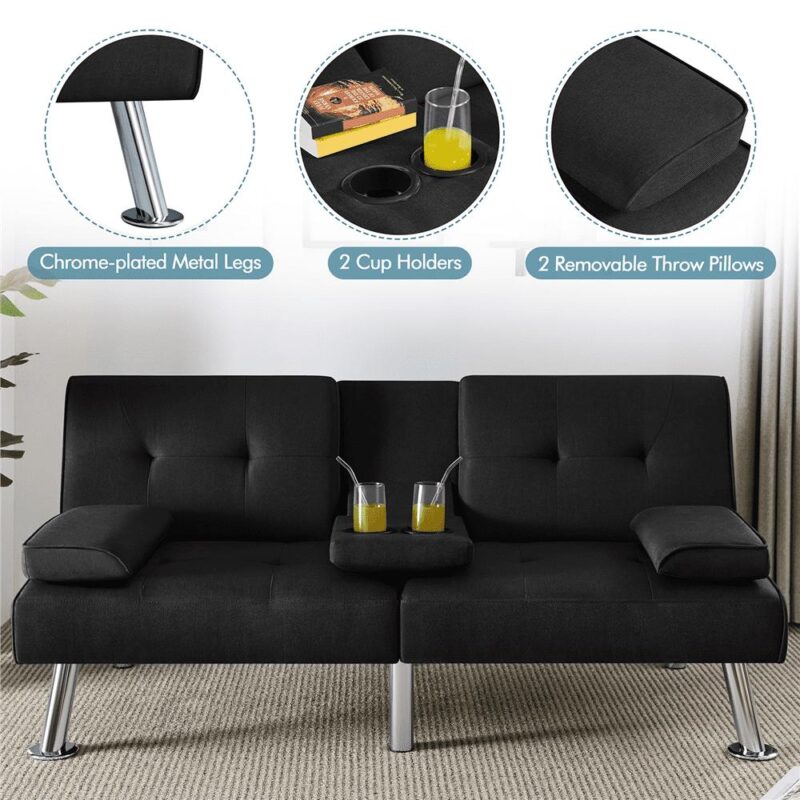 Renwick Fabric Upholstered Convertible Futon Sofa Bed with Cup Holders and Pillows, Black - Image 6