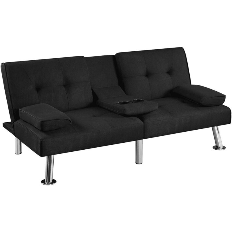 Renwick Fabric Upholstered Convertible Futon Sofa Bed with Cup Holders and Pillows, Black - Image 11