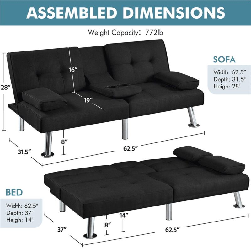 Renwick Fabric Upholstered Convertible Futon Sofa Bed with Cup Holders and Pillows, Black - Image 8