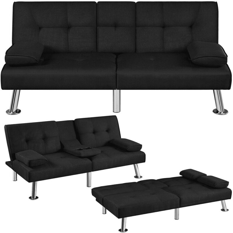 Renwick Fabric Upholstered Convertible Futon Sofa Bed with Cup Holders and Pillows, Black - Image 2