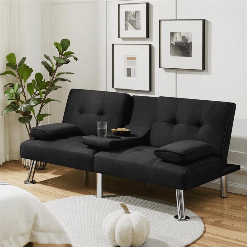 Renwick Fabric Upholstered Convertible Futon Sofa Bed with Cup Holders and Pillows, Black - Image 9