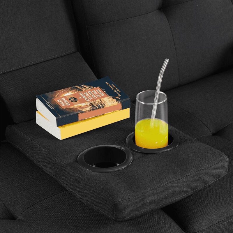 Renwick Fabric Upholstered Convertible Futon Sofa Bed with Cup Holders and Pillows, Black - Image 3
