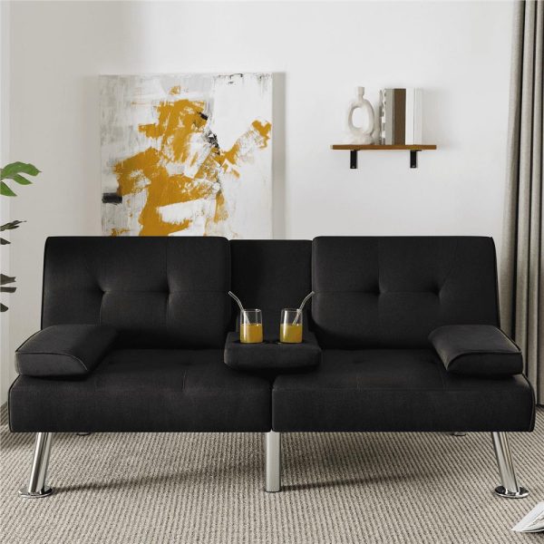 Renwick Fabric Upholstered Convertible Futon Sofa Bed with Cup Holders and Pillows, Black