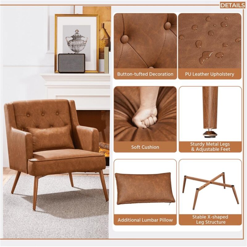 Renwick Modern Button-Tufted Faux Leather Accent Chair,Retro Brown - Image 5