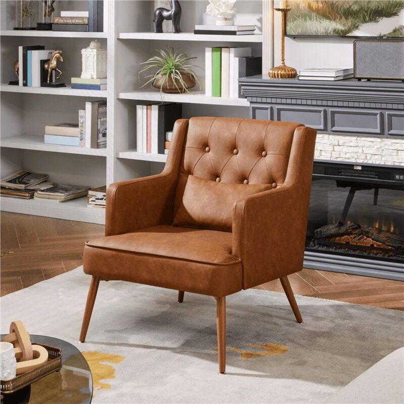 Renwick Modern Button-Tufted Faux Leather Accent Chair,Retro Brown - Image 3
