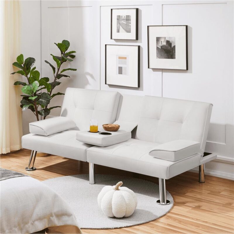 Renwick Modern Faux Leather Futon Sofa Bed Convertible Folding Couch with Cup Holders, White - Image 9