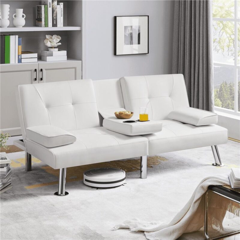 Renwick Modern Faux Leather Futon Sofa Bed Convertible Folding Couch with Cup Holders, White
