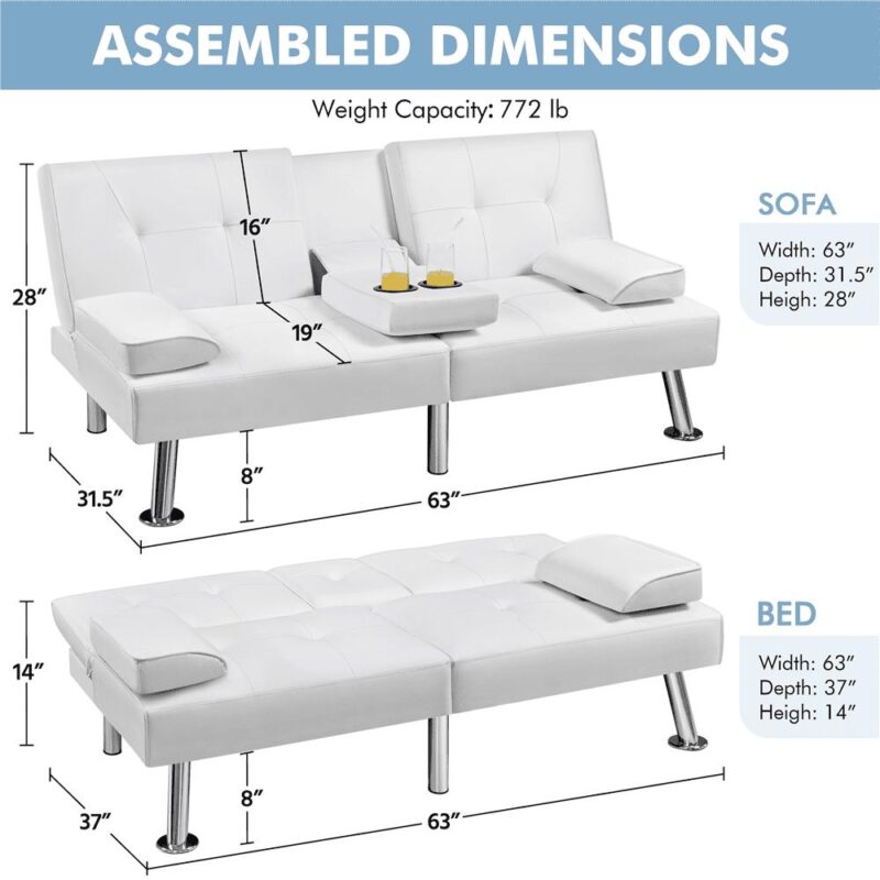 Renwick Modern Faux Leather Futon Sofa Bed Convertible Folding Couch with Cup Holders, White - Image 7