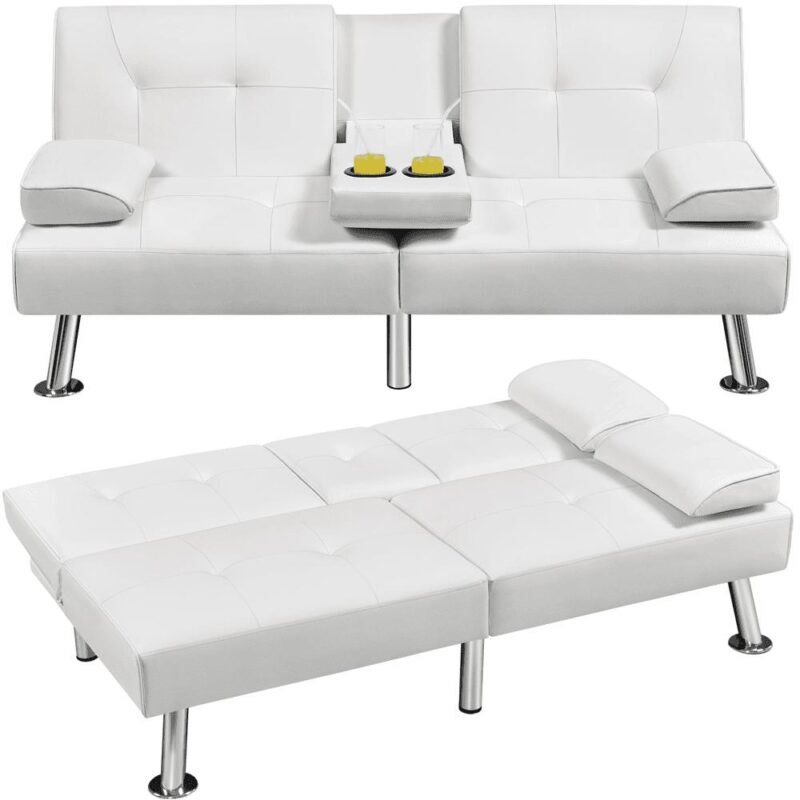 Renwick Modern Faux Leather Futon Sofa Bed Convertible Folding Couch with Cup Holders, White - Image 10