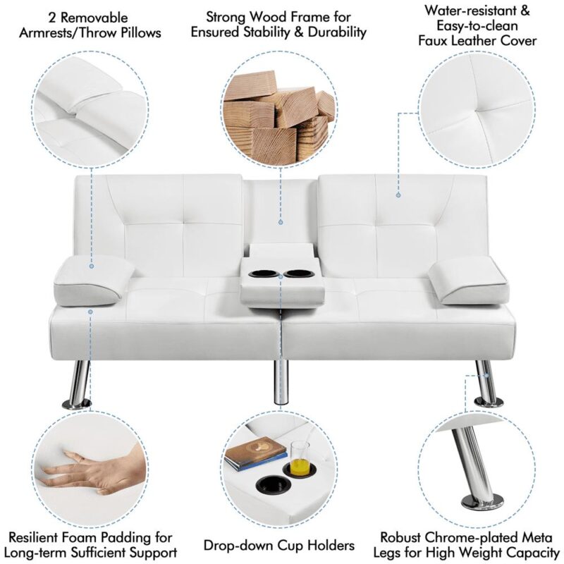 Renwick Modern Faux Leather Futon Sofa Bed Convertible Folding Couch with Cup Holders, White - Image 5