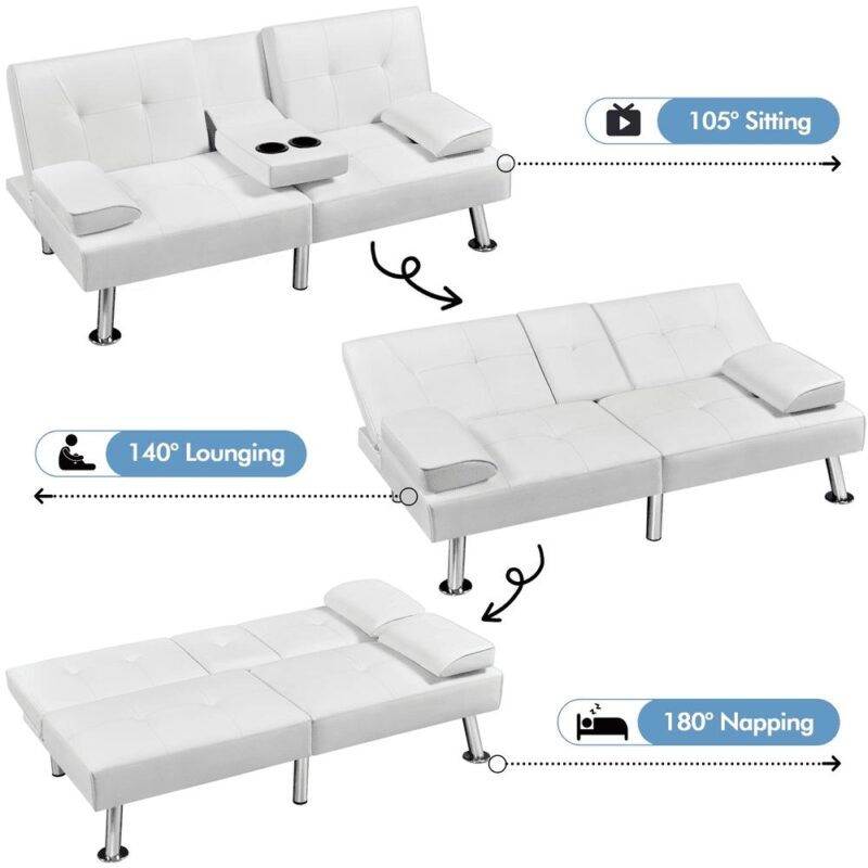 Renwick Modern Faux Leather Futon Sofa Bed Convertible Folding Couch with Cup Holders, White - Image 6
