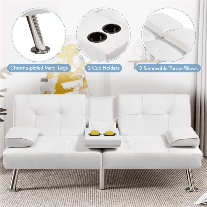 Renwick Modern Faux Leather Futon Sofa Bed Convertible Folding Couch with Cup Holders, White - Image 4