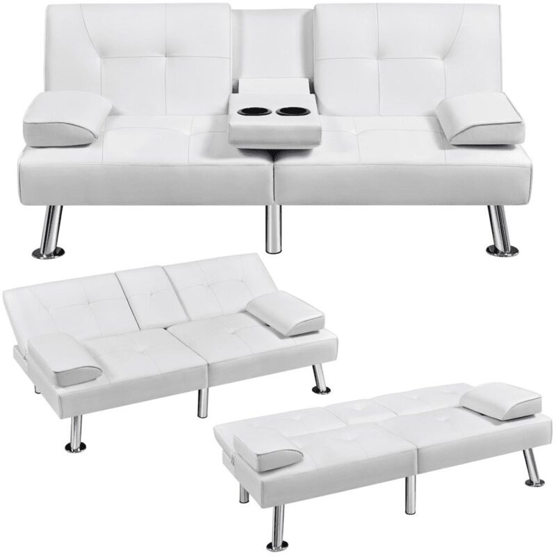 Renwick Modern Faux Leather Futon Sofa Bed Convertible Folding Couch with Cup Holders, White - Image 3