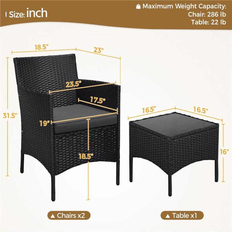 Renwick Wicker Rattan Coffee Table and Two Chairs Patio Conversation Set, Black - Image 8