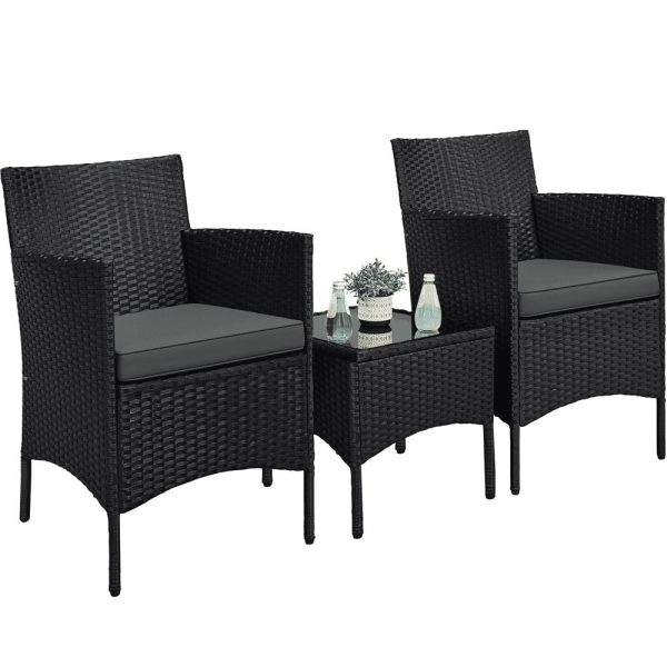 Renwick Wicker Rattan Coffee Table and Two Chairs Patio Conversation Set, Black