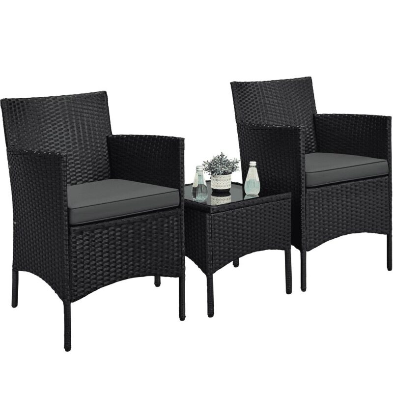 Renwick Wicker Rattan Coffee Table and Two Chairs Patio Conversation Set, Black