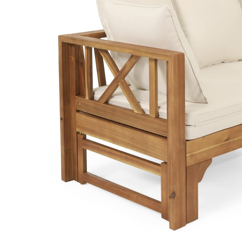 Reyes Acacia Wood Outdoor Extendable Daybed Sofa, Teak and Beige - Image 7