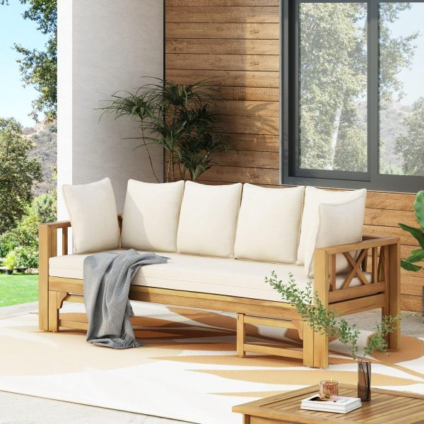 Reyes Acacia Wood Outdoor Extendable Daybed Sofa, Teak and Beige
