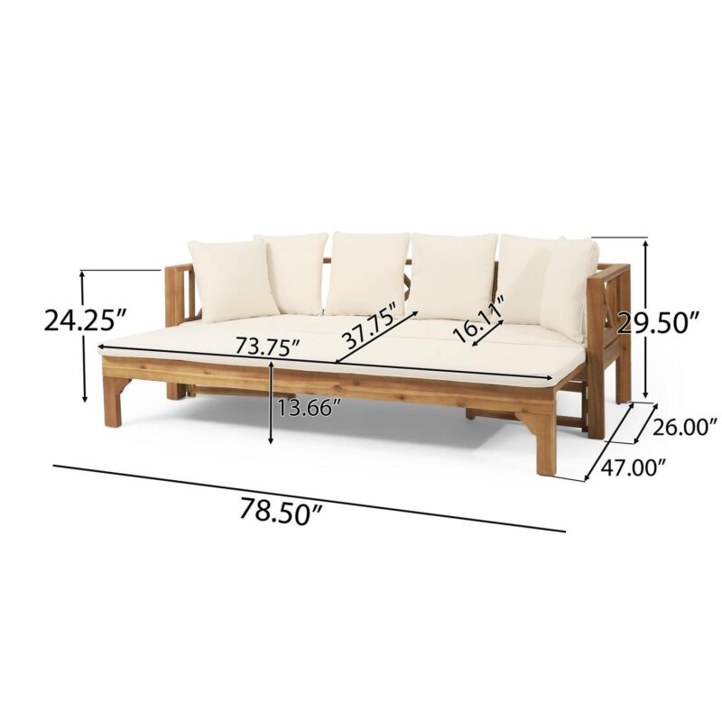 Reyes Acacia Wood Outdoor Extendable Daybed Sofa, Teak and Beige - Image 3