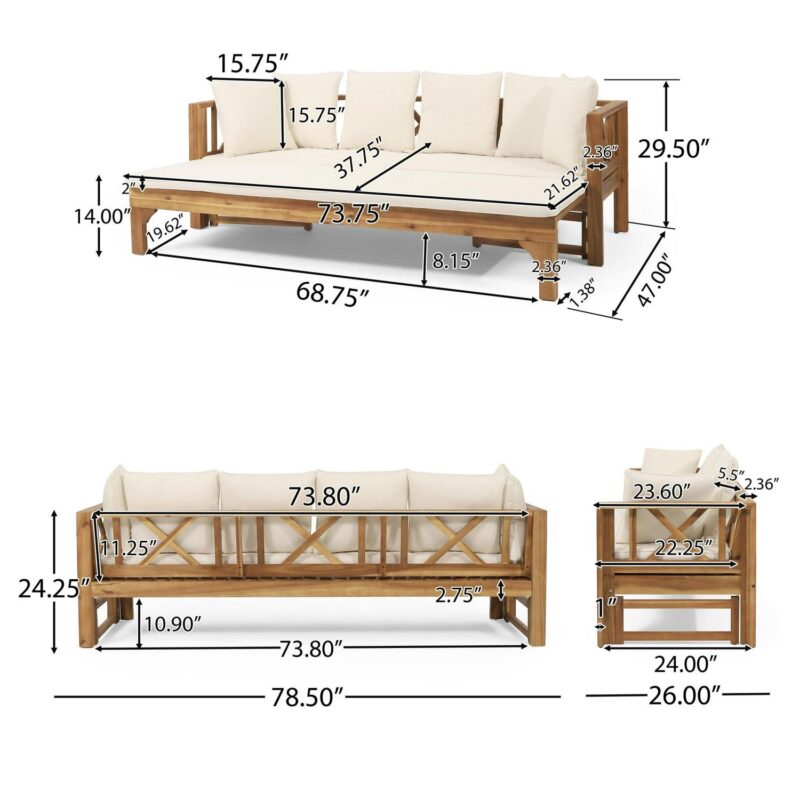 Reyes Acacia Wood Outdoor Extendable Daybed Sofa, Teak and Beige - Image 4