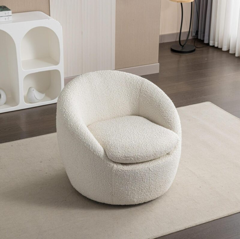 Roundhill Furniture Winnie Modern Teddy Boucle Fabric Barrel Chair, 360 Degree Swivel, White - Image 7