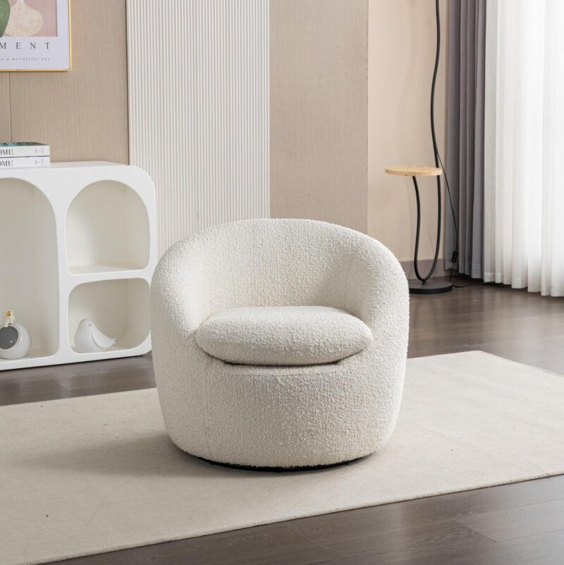 Roundhill Furniture Winnie Modern Teddy Boucle Fabric Barrel Chair, 360 Degree Swivel, White - Image 4