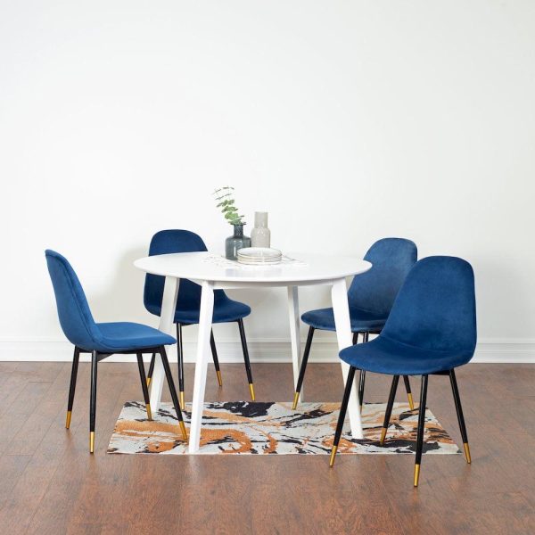 Roundhill Furniture Lassan Contemporary 5-Pc Dining Set, White Round Dining Table and 4 Chairs, Blue