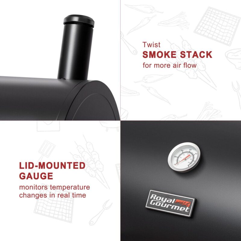 Royal Gourmet 30  Charcoal Barrel Grill with Offset Smoker, Adjustable Grates and Thermometer - Image 7