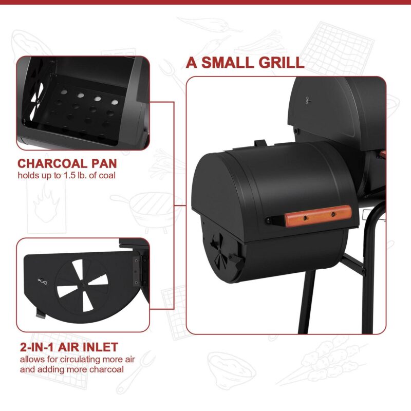 Royal Gourmet 30  Charcoal Barrel Grill with Offset Smoker, Adjustable Grates and Thermometer - Image 8