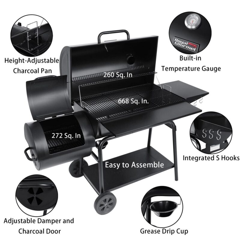 Royal Gourmet 36  Charcoal Barrel Grill with Offset Smoker, Adjustable Grates and Thermometer - Image 6