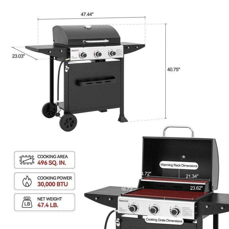 Royal Gourmet 3-Burner BBQ Gas Grill with Front Spice Rack, Two Side Shelves and Hooks, 30,000 BTU, GH3001H - Image 3