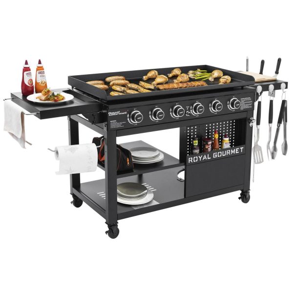 Royal Gourmet 44  6-Burner Flat Top Gas Grill Griddle, Griddle with Foldable Side Shelves, Front Spice Rack, Double-Layer Bottom Shelves, GB6000