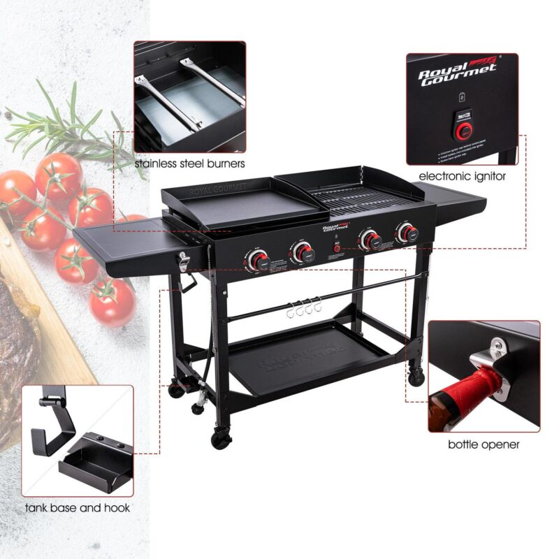 Royal Gourmet 4-Burner GD402 Portable Flat Top Gas Grill and Griddle Combo with Folding Legs, 48,000 BTU, Black - Image 6