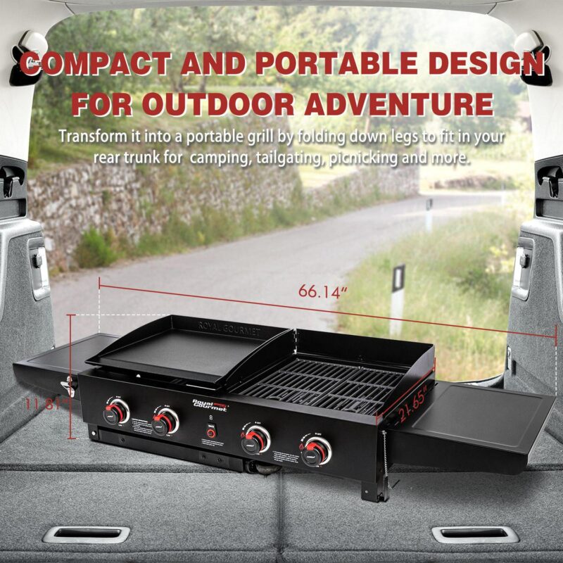 Royal Gourmet 4-Burner GD402 Portable Flat Top Gas Grill and Griddle Combo with Folding Legs, 48,000 BTU, Black - Image 4
