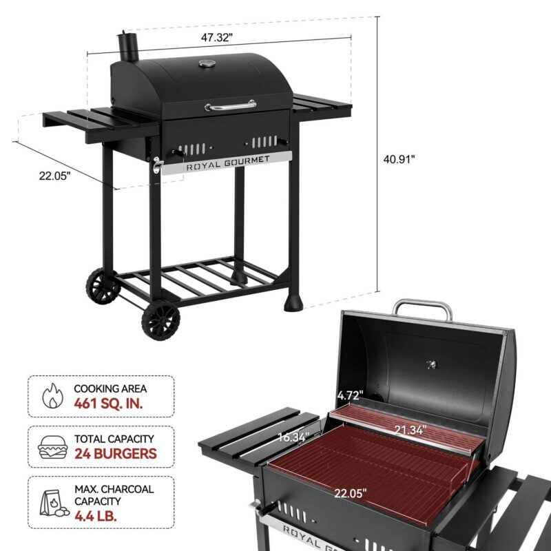Royal Gourmet CD1824ET 24-Inch Movable Charcoal BBQ Grill with Foldable Side Shelves, Temperature-Controlled - Image 4