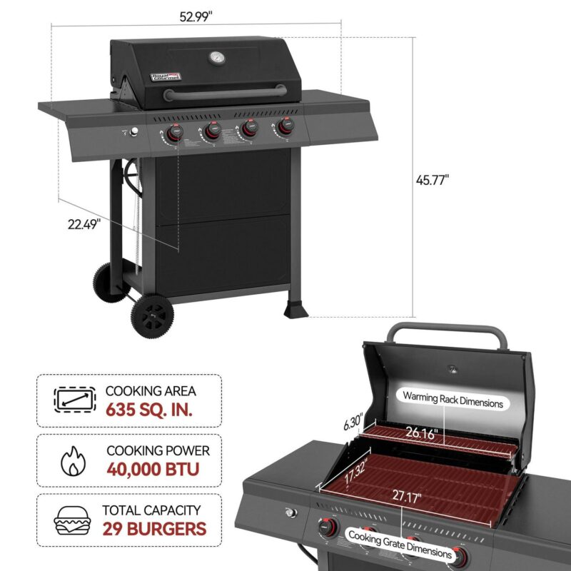 Royal Gourmet GA4401T 4-Burner BBQ Gas Grill with Side Shelves, 40,000 BTU Output, Perfect Patio Garden Picnic Backyard Barbecue Grill for Outcooking - Image 8