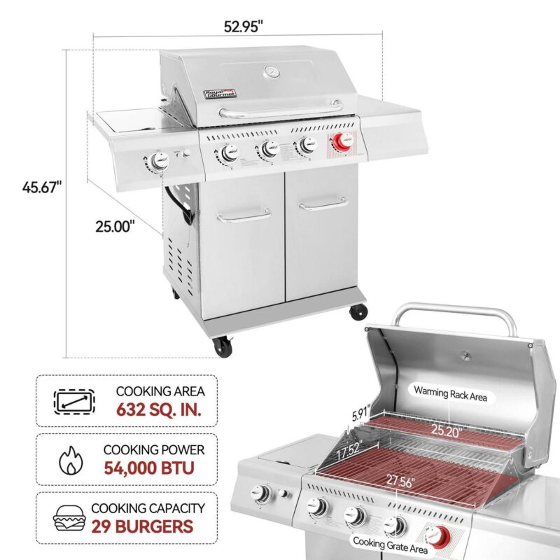 Royal Gourmet GA4402S Stainless Steel 4-Burner BBQ Cabinet Style Gas Grill with Sear Burner and Side Burner Silver - Image 8