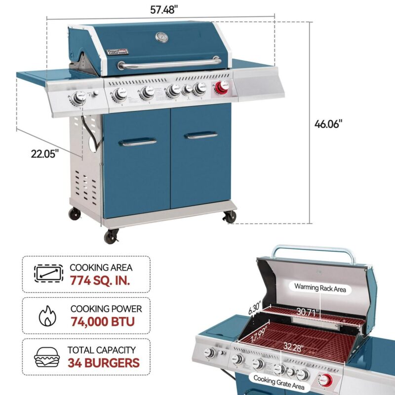 Royal Gourmet GA5403B 5-Burner BBQ Cabinet Style Gas Grill,Sear Burner, Rear Burner and Side Burner,Blue - Image 7