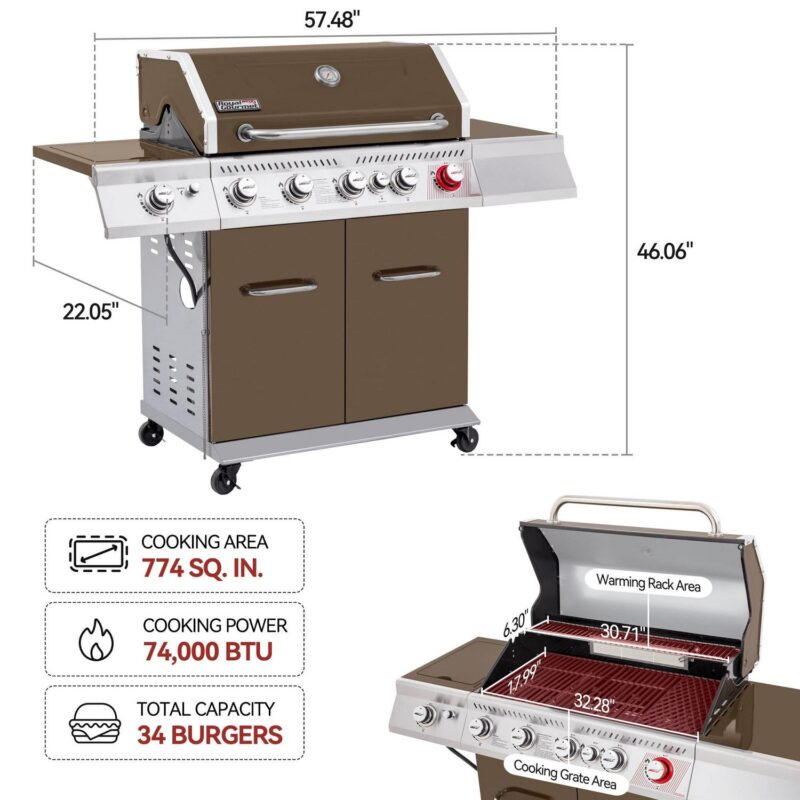 Royal Gourmet GA5403C 5-Burner BBQ Cabinet Style Gas Grill with Sear Burner, Rear Burner and Side Burner,Coffee - Image 10
